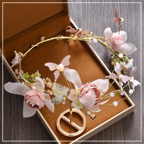 Handmade flower bride headdress Korean sweet Butterfly Hoop super fairy garland Hair Jewelry wedding hair jewelry
