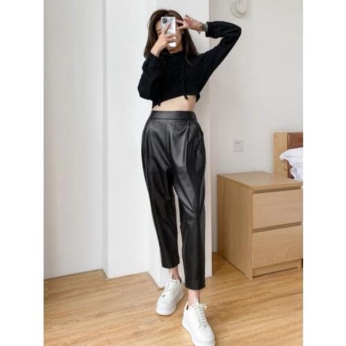 Leather Pants Harem High Elastic Waist 2021 New Korean Fashion Genuine Sheepskin Leather Streetwear Trousers Women Plus size
