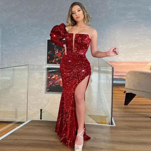 Red Party Gowns sparkle Mermaid / Trumpet Asymmetrical One-Shoulder Evening Dresses Floor length Front/Side Slit Paillette