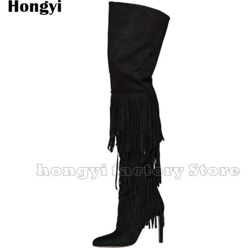 Fashion Winer Black Faux Suede Leather Long Fringe Thin High Heeled Boots Women Pointed Toe Stiletto Heel Thigh High Boot