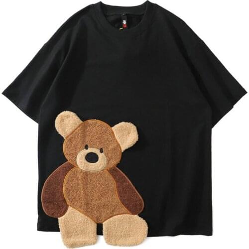 Oversized Embroidery Bear Tshirts Men Hip Hop Color Block Patchwork Mens Tees Shirts Harajuku Streetwear Short Sleeve T-Shirt