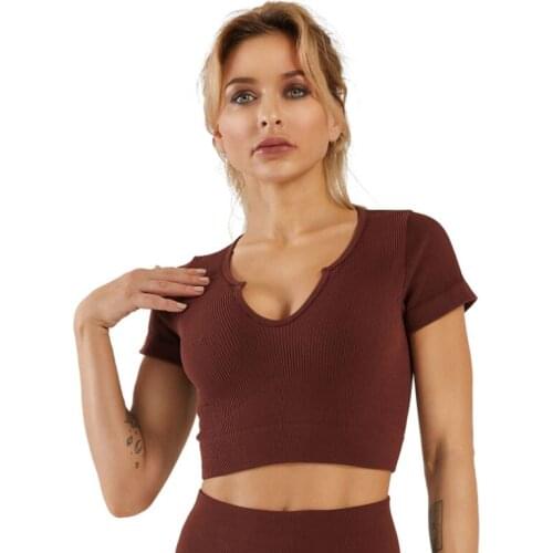 New Women Seamless V-neck Padded Push Up Sports Running Yoga Vest Fitness Short Sleeves Seven Kinds Of Color