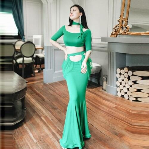 Belly dance clothes 2020 summer womens temperament sexy hollow mesh fishtail exercise clothes 2pcs oriental dance costumes