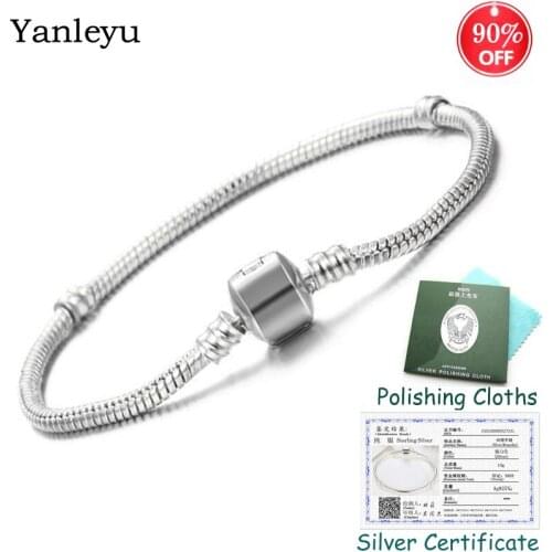 Sent Silver Certificate! Yanleyu Original DIY Bracelet Bangle Solid 925 Silver Snake Chain Bead Bracelet for Women Jewelry PB024