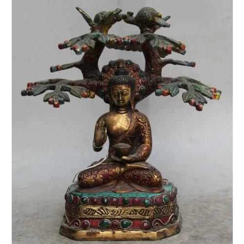 Song voge gem S2083 10" Tibet Red Coral turquoise Bronze Gild Bird Shakyamuni Amitabha Buddha Statue