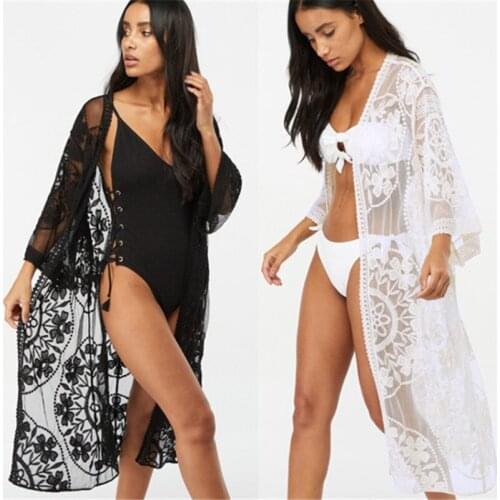 Flower Lace Beach Cover Up Kimono Pareo Flare Sleeve See Through Swimwear Long Cardigan Bikini Outer Cover Sexy Cover-Ups AA5719