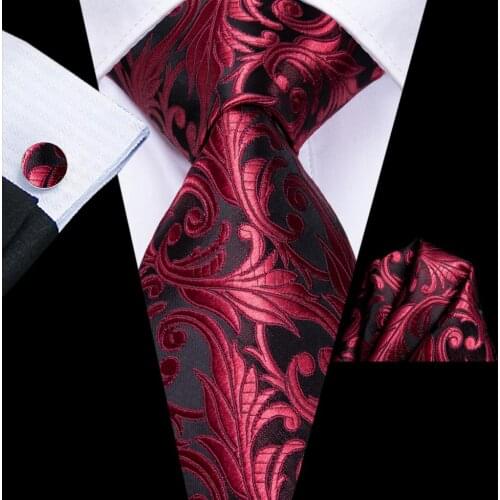 Hi-Tie Brown Burgundy Floral Silk Wedding Tie For Men Handky Cufflink Gift Nicktie For Men Fashion Design Business PartyDropship