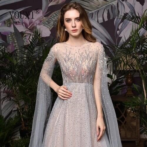 Silver Grey Luxury Dubai Evening Dresses 2020 Long Sleeves O-Neck A-Line Sexy Evening Gowns