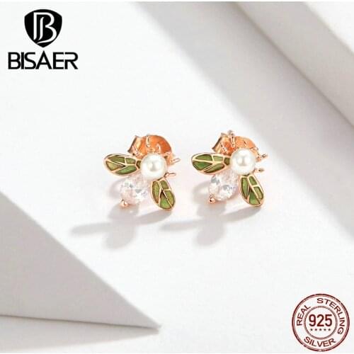 BISAER Bee Earrings 925 Sterling Silver Busy Insect Bee Stud Earrings for Women Fashion Insect Earrings Jewelry ECE643