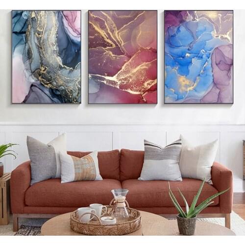 Nordic Morden Abstract Pink-gray Line Canvas Painting Golden Blue Smoke Art Poster Print Wall Picture for Living Room Decoration