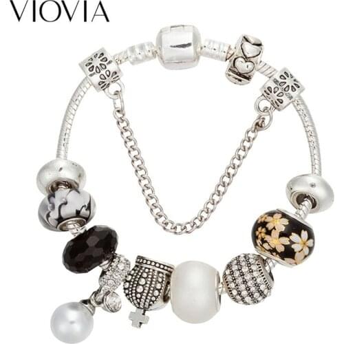 VIOVIA Hot Sale Vintage Silver-plated Charms Bracelet & Bangles Pearl Beads Bracelet Gift for Women DIY Fashion Jewelry B18017