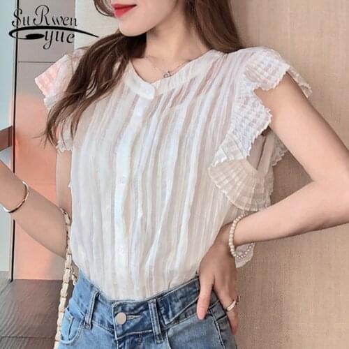 Blusas Mujer 2021 Summer New Korean Style Short Sleeve Chiffon Blouse Women Round Neck Solid Color Elegant Ruffle Tops 8827 50