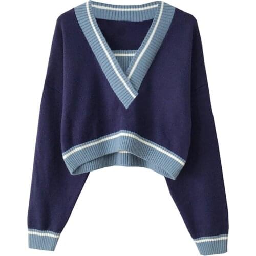 Autumn Winter Women Korean Preppy Style Knitted Basic Sweater V Neck Pullover Long Sleeve Casual Sweater Jumpers Tops Outerwear