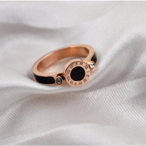 Pink gold color stainless steel black rings for women, trending roman numerals couple ring male anillos mujer zirconia jewelry