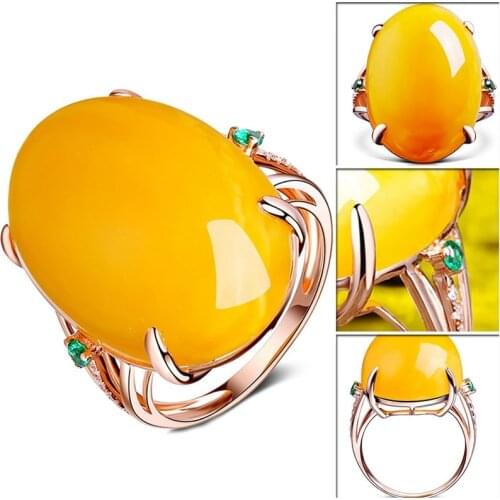 1pc European Big Oval Yellow Stone Open Rings For Women Rose Gold Color Small Green Zircon Opal Ring Vintage Wedding Jewelry