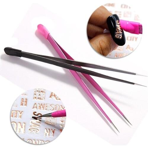 Nail Decal Stickers Precision Tweezer With Rubber Press Manicure 3D Rhinestones Picker Acrylic Tool