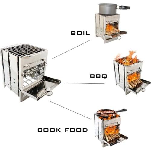 5 IN 1 Folding Stainless Steel Backpacking Stove Portable Outdoor Wood Burning Stove Barbecue Grill Picnic BBQ Wood Stove Tool