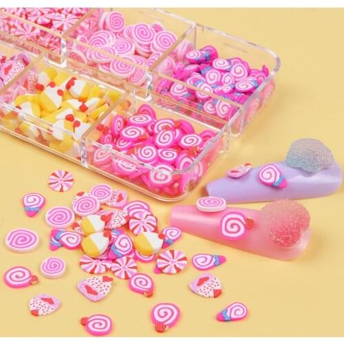 6Grids Cute Candy Cake Mix Nail Art Decorations Polymer Clay Sequins Flake Kit For Manicure Valentines DIY Acrylic Kawaii Design