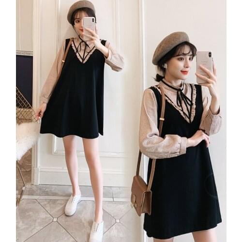 9510# Maternity Dress Spring Autumn Cotton Long Sleeve Loose False Two-piece Dress for Pregnant Women Mom Dress