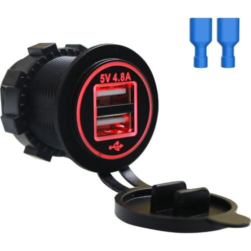 Two USB Ports 5V 4.8A Car Charger With 2PCS Insulated Terminals Widely Compatible With 12-24V Vehicles Motorbike Boat Marine ATV