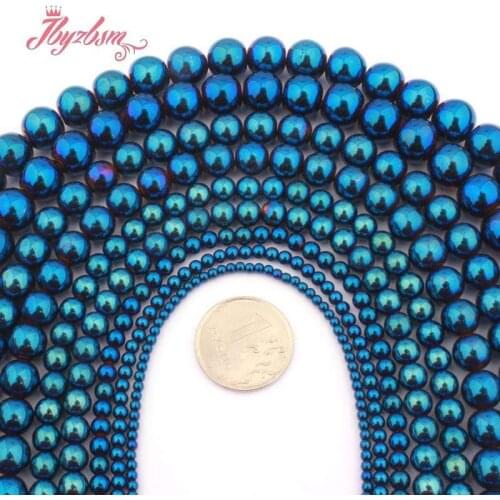 Hematite Beads Blue Round Smooth Stone Spacer Loose Beads 2.4.6.8.10mm for DIY Women Men Jewelry Making Necklace Bracelet 15"
