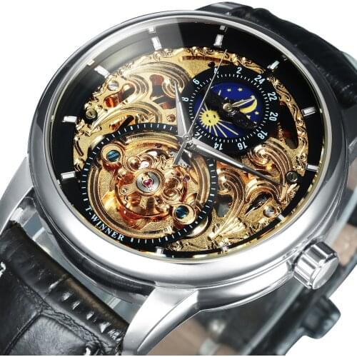 WINNER Vintage Automatic Mechanical Mens Watches Top Brand Luxury 2020 Tourbillon Moon Phase Leather Strap Fashion Wrist Watch