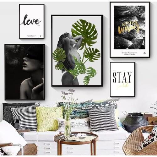 Black & White Female Portraits Wall Art Banana Leaf Sexy Girl Love Nordic Poster Canvas Painting Print Picture Home Room Decor