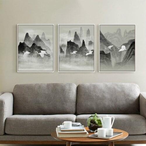 Black White Chinese Ink Mountain Landscape Poster Living Room Wall Art Print Picture Oriental Home Deco Canvas Painting No Frame