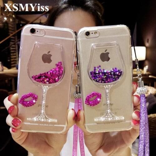 For Huawei P9 P10 P20 P30 PLUS LiTE Mate 10 20 Pro Lite Bling Diamond Lips Liquid sand Red wine glass Quick-sand soft phone case