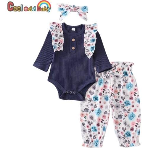 Baby Girl Clothes 0 to 24 Months Newborn Clothing Set Blue Long Sleeved Tops Floral Print Bow Pants Headband 3Pcs Infant Outfits