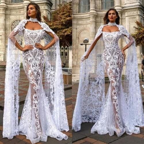 2021 Lace Mermaid Wedding Dresses with Cape Shawl High Neck Full Appliqued Bridal Gowns Elegant Wedding Dress robes de mariée