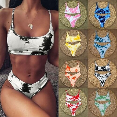 Sexy Vest Type Tie-Dye Two Piece Swimsuit Spaghetti Strap Swimwear Women Push Up Bikini Set Bikinis Biquini Padded Bathing Suits