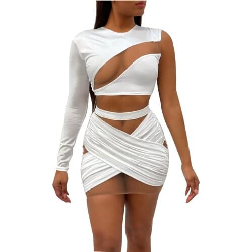 Echoine One shoulder Mini Dress Sheer Mesh Sexy Hollow Out Vintage Vestidos Streetwear Party Club Outfits