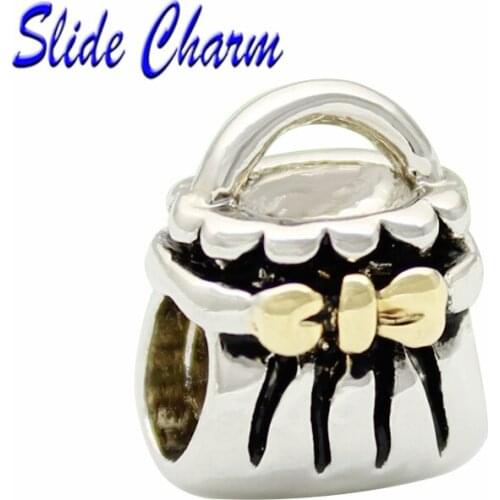 Fashion jewelry DIY charm, European and American style gold bow women handbag charm beads Fit Pandora Bracelet Necklace
