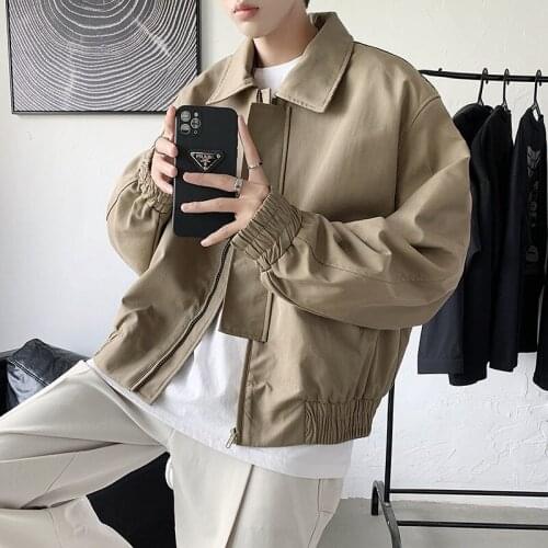 2021 Mens Black/Khaki Bomber Jackets Lapel Collar Casual Long Sleeve Outerwear Short Style Streetwear Fashion Coats Clothes