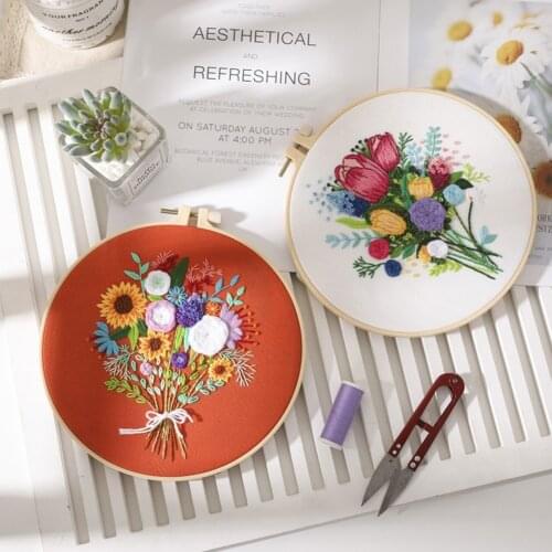 DIY Embroidery Flowers Plants Pattern Set Needlework Tools Printed Beginner Round Cross Stitch Kit Sewing Craft Kit