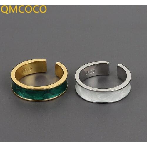 QMCOCO New Arrival 925 Silver Open Rings INS Trendy Elegant Simple Green And White Drop Glue Party Jewelry Couple Accessories