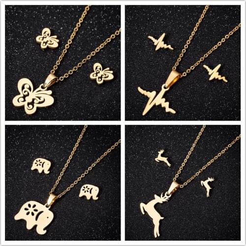 Oly2u Charm Designed Stainless Steel Gold Butterfly Necklace&Earrings Romantic Heartbeat Jewelry Set for Women Birthday Gift