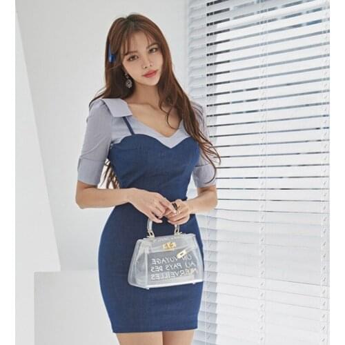 New arrival fashion korean style party dress women elegant autumn v-neck vintage puff sleeve temperament slim mini dress