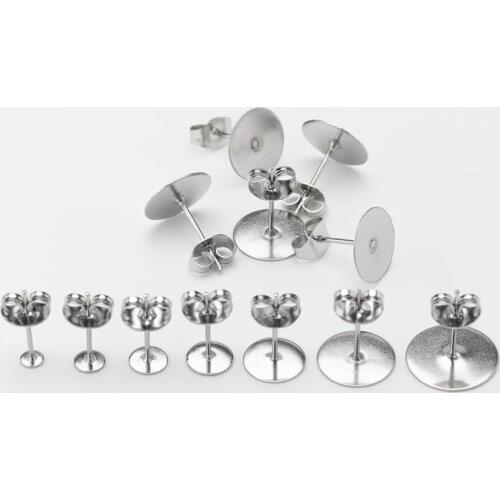 100pcs/lot 3 4 5 6 8 10 12mm Stainless Steel Blank Post Earring Stud Base Pins With Earring Plug Supplies For DIY Jewelry Making