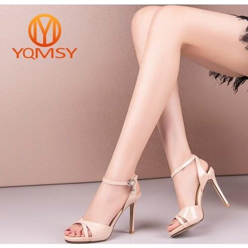 YQMSY New Sexy Sandals Women Summer Genuine Leather Peep Toe Super High Thin Heels Sandals Buckle Strap Party Dress Shoes AS156