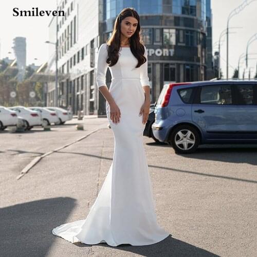 Smileven Elegant Satin Mermaid Wedding Dresses Half Sleeve Ivory Boho Wedding Bridal Gown O-Neck abito da sposa