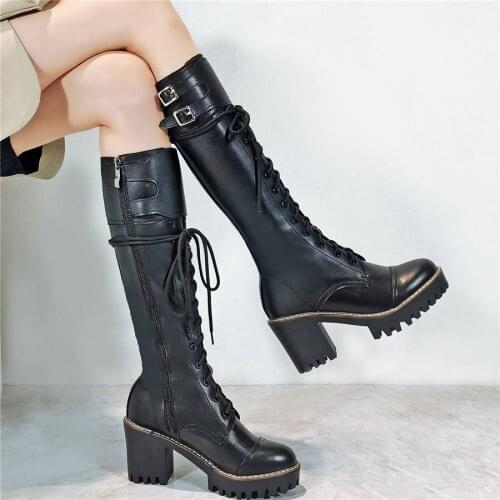 Thigh High Platform Pumps Shoes Women Genuine Leather Chunky High Heels Motorcyle Boots Female Lace Up Round Toe Mid Calf Boots