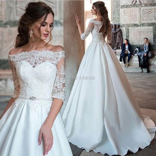 Vintage Lace Half Sleeve Wedding Dresses Off the Shoulder Turkey Bridal Gowns Simple Satin Corset Back Sweep Train Bride Dress