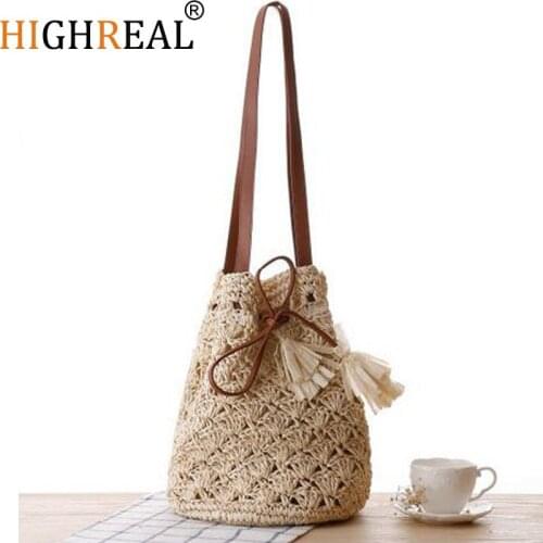 HIGHREAL Straw Bucket Bag Tassel Summer Beach Handbag Bohemian Women Tote Woven Travel Shopping Bag Purse J134