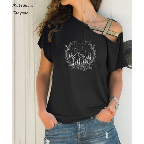 Aestheticism Flower Mountains T-shirt Women Camping Casual Tshirt Summer Short Sleeve Graphic Hike Big Size Tee Shirt Top