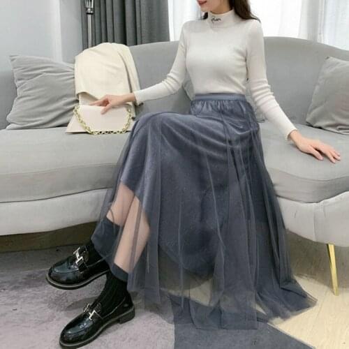 Womens Metallic Midi Mesh Velvet High Waist Pleated Skirt Tulle Skirt Knee Length