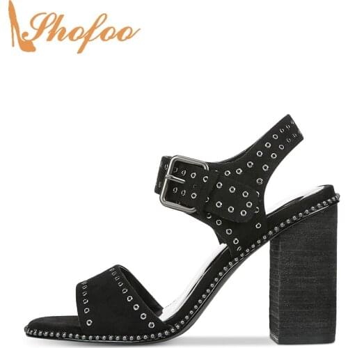 Black High Square Heels Sandals Peep Toe Woman Large Size 13 15 Lady Fashion Metallic Grommet Detail Buckle Mature Shoes Shofoo
