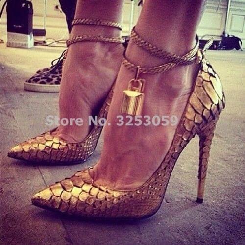 ALMUDENA Women Sexy Gold Heels Padlock Pointed Toe Dress Pumps Snakeskin Ankle Strap Metal Decoration Banquet Shoes Dropship