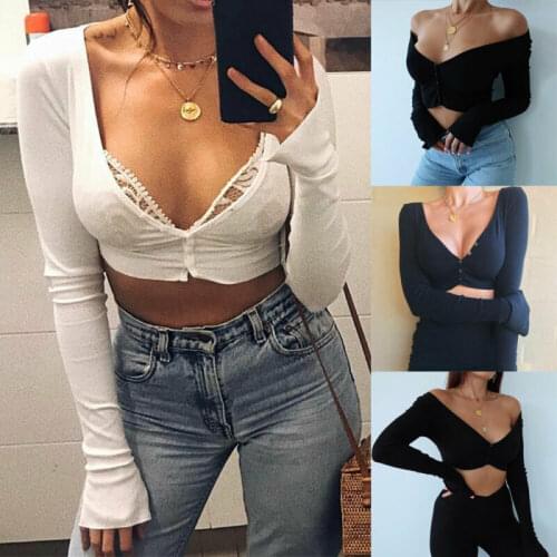 Women Sexy Summer Casual Pullover Tops Vest Buttons Deep V neck Long Sleeve Crop Top Shirt New